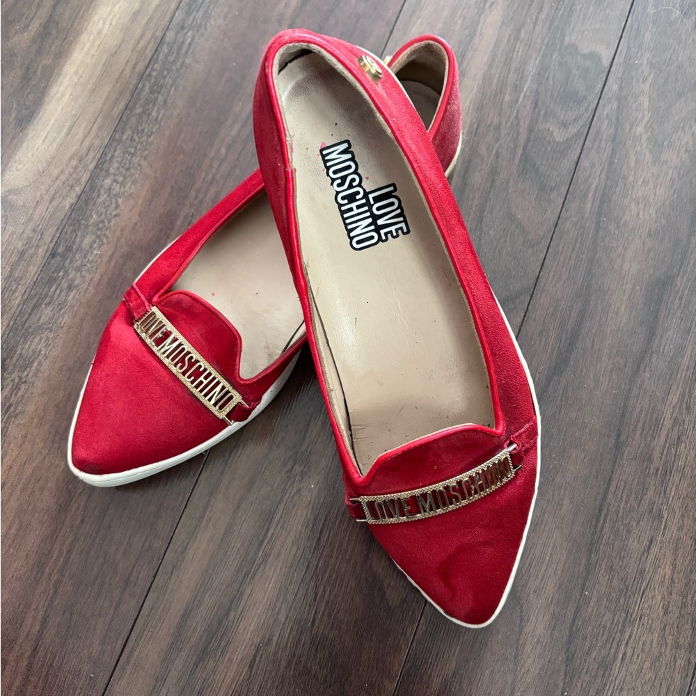 Love Moschino Red Pointed-Toe Logo Strap Flats